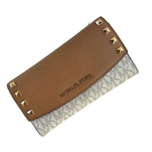 Michael Kors Studded Brown Signature Logo Wallet Gold Hardware Snap Closure